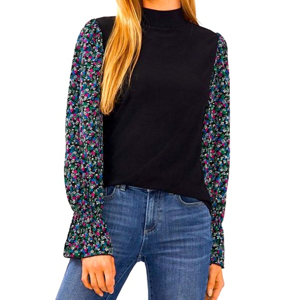 CeCe Mixed Media Mock Neck Floral Chiffon Long Sleeve Blouse